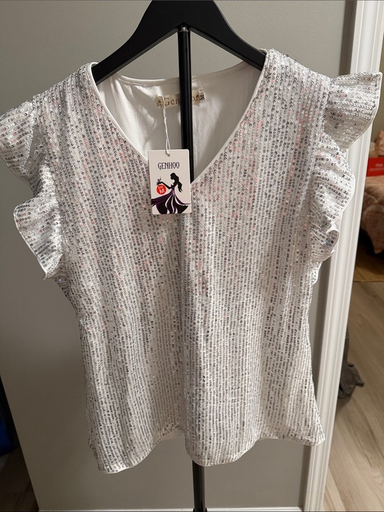 Genhoo Tops - White Sequin Ruffle Sleeve Camisole